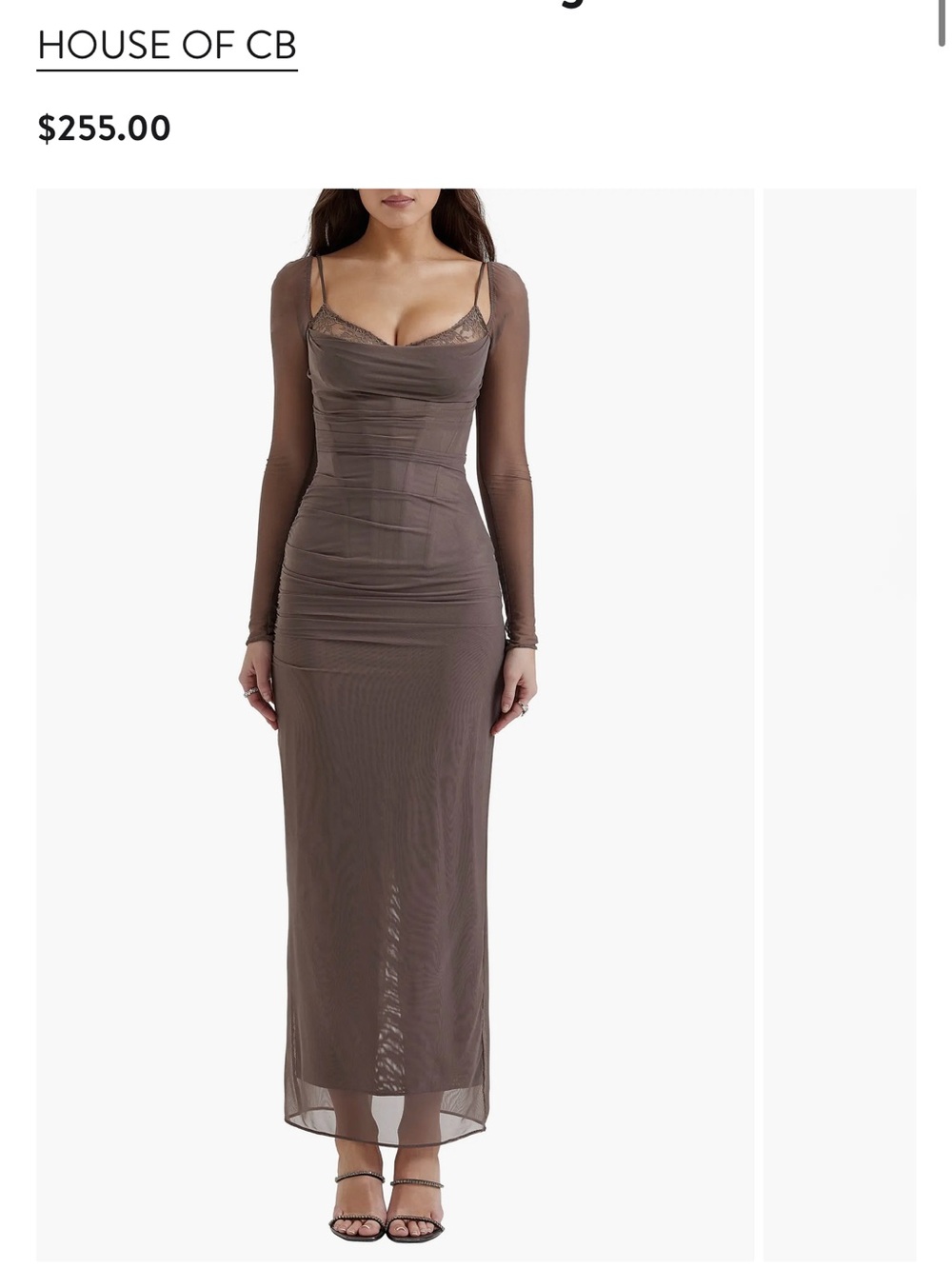 House of CB Taupe Brown Sheer Long Sleeve Slip Dress